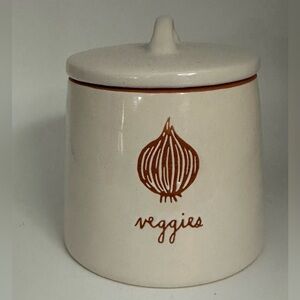 Rae Dunn Cream Ceramic Veggies Canister with Brown Graphic